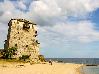 Byzantine Tower of Prosphorio on the beach of Ouranoupoli, the ferry port for visiting Mount Athos monasteries on the Holy Mountain, Greece, photo by Ivan Kralj