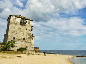 Byzantine Tower of Prosphorio on the beach of Ouranoupoli, the ferry port for visiting Mount Athos monasteries on the Holy Mountain, Greece, photo by Ivan Kralj