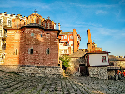 Sunset colors on Vatopedi Monastery, Mount Athos, Greece, photo by Ivan Kralj