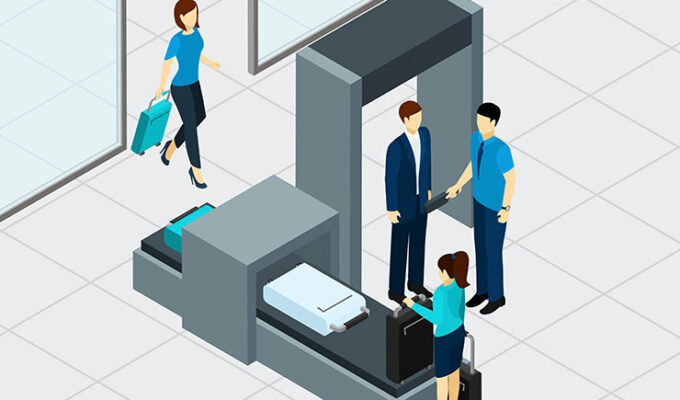 Airport security check graphics by macrovector / Freepik, passengers going through the metal detector, and screening their luggage