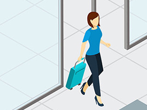 Airport security check graphics by macrovector / Freepik, drawing of a female passenger walking with a trolley suitcase