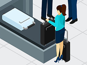 Airport security check graphics by macrovector / Freepik, drawing of a female passenger collecting her suitcase at airport security check