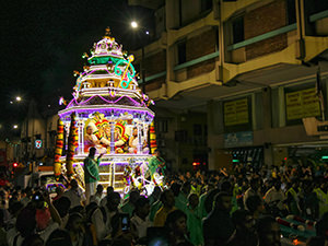 Lord Murugan's silver chariot, decorated with LED lights, leaving Sri Mahamariamman temple in Kuala Lumpur for Batu Caves where Thaipusam Festival 2019 will take place, photo by Ivan Kralj