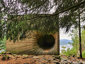 Tubakuba, the wooden mountain cabin with a rabbit hole entrance, built by architecture students on Mt. Floyen in Bergen, Norway, photo by Ivan Kralj