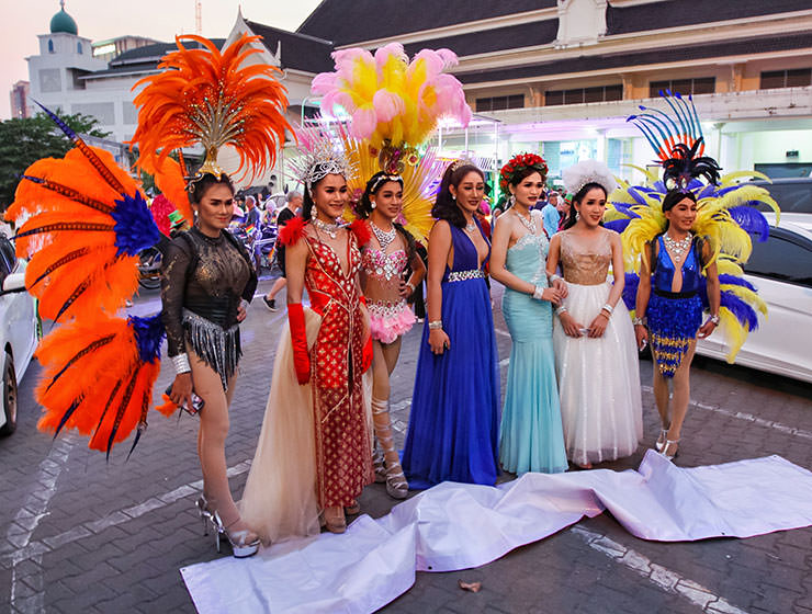 Extravagantly dressed ladyboy participants posing at Chiang Mai Pride, gay parade in Chiang Mai, Thailand, photo by Ivan Kralj