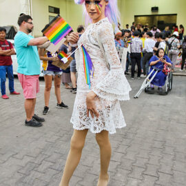 Young ladyboy with rainbow colored tears posing at Chiang Mai Pride, gay parade in Chiang Mai, Thailand, photo by Ivan Kralj