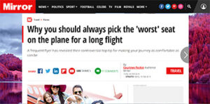 Mirror.co.uk article screenshot on "Why you shuld always pick the 'worst' seat on the plane for a long flihgt"