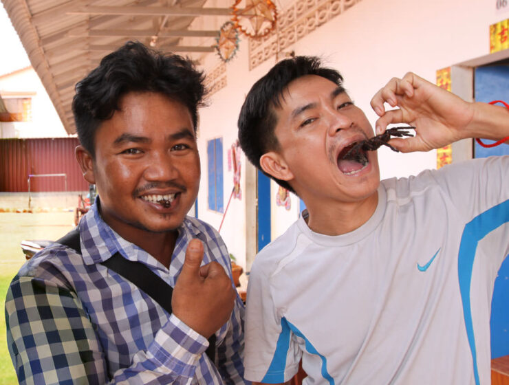 Cambodians eating a cricket and a scorpion at Fear Factor Challenge, a Backstreet Academy cooking class in Siem Reap, Cambodia, the country where people love eating insect food, photo by Ivan Kralj.