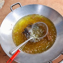 Tarantulas and scorpions deep-frying in a wok at Backstreet Academy's Fear Factor Challenge, in Siem Reap, Cambodia, a country where they love eating insects, photo by Ivan Kralj
