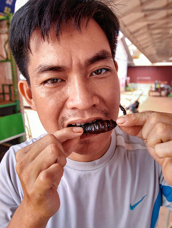 The host Ratana Ouch biting on a fried scorpion at Backstreet Academy's Fear Factor Challenge, in Siem Reap, Cambodia, photo by Ivan Kralj