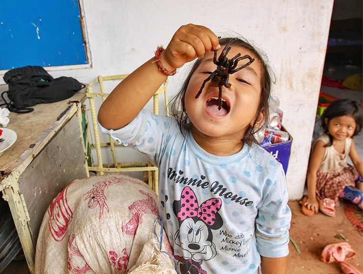 A three-year-old Sing eating a tarantula at Backstreet Academy's Fear Factor Challenge, in Siem Reap, Cambodia, photo by Ivan Kralj