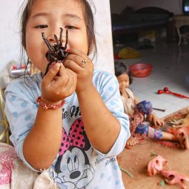 A three-year-old Sing eating a tarantula at Backstreet Academy's Fear Factor Challenge, in Siem Reap, Cambodia, photo by Ivan Kralj