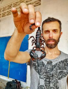 Pipeaway blogger Ivan Kralj holding a scorpion at Backstreet Academy's Fear Factor Challenge in Siem Reap, Cambodia, the country where they love eating insects, photo by Kim Peou