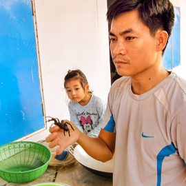 Experience host Ratana Ouch showing the tarantula spider, while his curious 3-year-old daughter lurks what's going on at Backstreet Academy's Fear Factor Challenge cooking class in Siem Reap, Cambodia, a country where they love eating insects, photo by Ivan Kralj