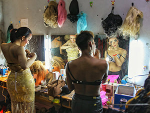 Drag queens preparing for the performance in the backstage of Barcode Bar in Siem Reap, Cambodia, photo by Ivan Kralj.