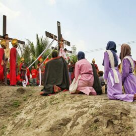 Wilfredo Salvador (62) being being crucified in Pampanga, San Fernando, the baray of San Juan, which is one of the highlights of the Maleldo 2019, Holy Week Philippines, photo by Ivan Kralj