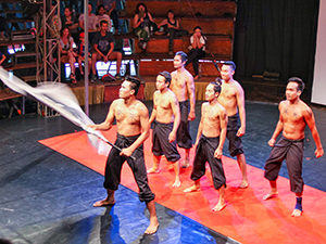 Shirtless circus performers on the stage of Phare, Cambodian circus in Siem Reap, photo by Ivan Kralj