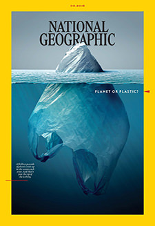 National Geographic June 2018 front cover dedicated to the topic of plastic pollution, with a plastic bag floating in the ocean like an iceberg 