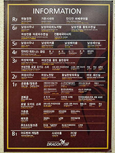 Asian bathhouse floor guide: information board in Dragon Hill Spa, jjimjilbang in Seoul, South Korea, one of the largest Korean spa facilities in the city, photo by Ivan Kralj