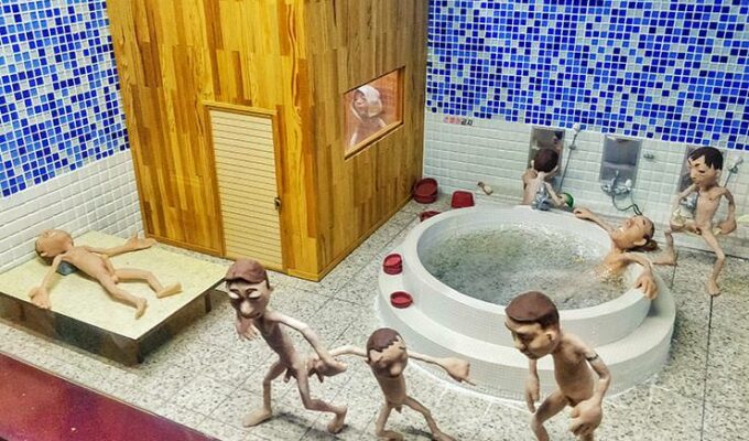 Asian bathhouse miniature: Korean spa or Jjimjilbang scene represented as a diorama in Loveland park on Jeju Island, South Korea, photo by Ivan Kralj