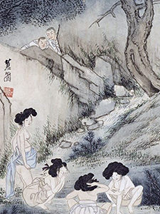 Korean women engaging in bathing in the river on the painting in Gansong Art Museum, Seoul, South Korea