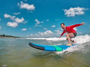Pipeaway blogger Ivan Kralj on the first training at Wayan Tembok surfing school at Double-Six Beach in Bali, Indonesia