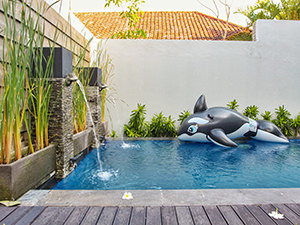 Whale floatie in the pool in Origin Seminyak villa, one of the best hotels in Bali, Indonesia, photo by Ivan Kralj