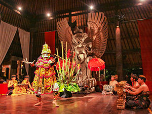 A dancer and gamelan orchestra at the cultural evening in Bale Agung hall, at Tugu Bali, one of the best hotels in Bali, Indonesia, photo by Ivan Kralj