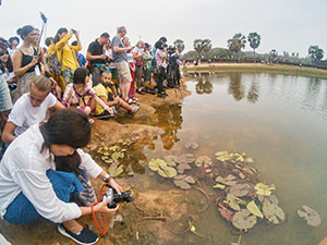 Tourists crowding at the reflection pond, trying to photograph Angkor Wat sunrise, Cambodia, photo by Ivan Kralj