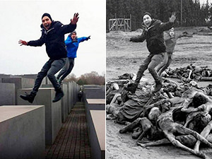 Two young men jumping on the Holocaust Memorial in Berlin, juxtaposed with an edited image of the artist Shahak Shapira who added dead bodies left by Nazi regime into the picture in his project Yolocaust