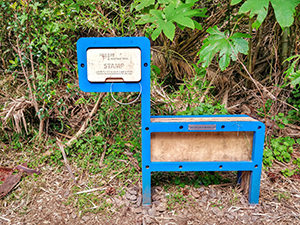 Jeju horse-shaped bench with a stamp to document your hiking progress on Jeju Olle trails, the system of walking paths along the coast of Jeju Island, South Korea, photo by Ivan Kralj