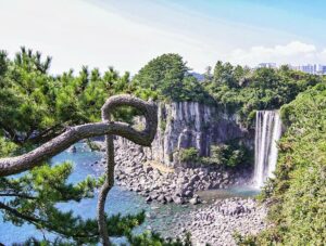 Jeongbang Waterfall is one of the top Jeju Island attractions and the only Asian waterfall that drops directly into the ocean, South Korea, photo by Ivan Kralj