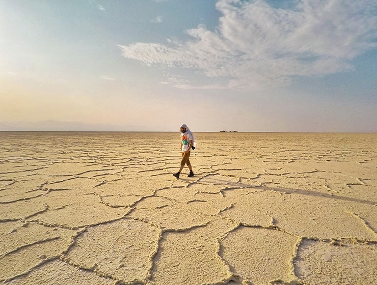 Pipeaway blogger Ivan Kralj, the travel writer of the week according to the Break into Travel Writing website, walks through the flat Danakil Desert in Ethiopia, photo by Ivan Kralj