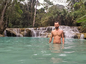 Pipeaway blogger Ivan Kralj at Kuang Si Falls near Luang Prabang in Laos, photo by Ivan Kralj