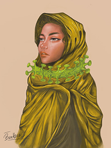The drawing of a Muslim woman entangled in coronavirus, the interpretation of discrimination by Mout Bunthorn, a third year student of graphic design in Phare Visual Arts School in Battambang, Cambodia