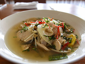 Sngor Jruk Sach Mon, chicken sour soup with lime, basil, and sawtooth coriander, made on the cooking class at The Balé Phnom Penh resort, photo by Ivan Kralj