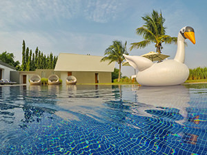 Swan floatie in the swimming pool of The Balé Phnom Penh resort in Cambodia, photo by Ivan Kralj