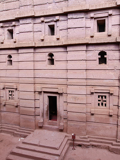 Alternating layers of protruding and indented walls on the front side of Bet Amanuel, the rock-hewn church of Lalibela, Ethiopia. Photo by Ivan Kralj