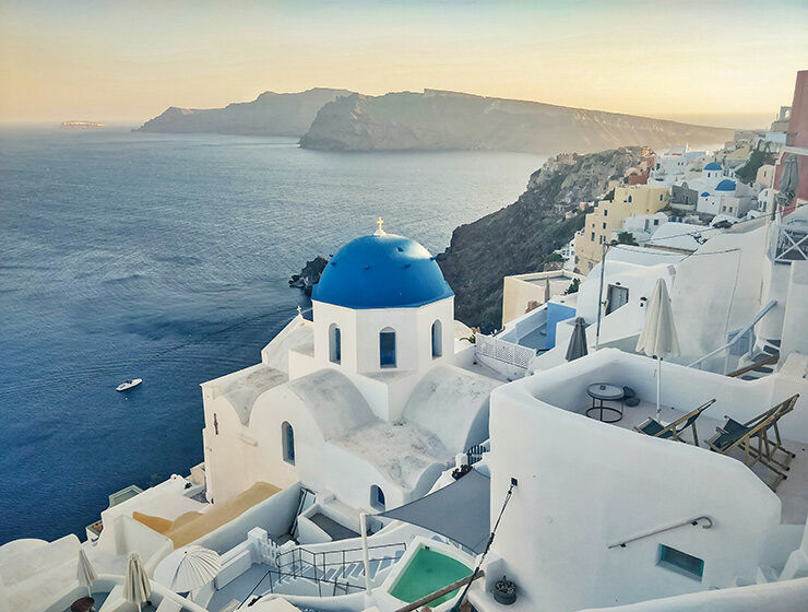 Blue dome churches in Oia before sunset, Santorini, Greece, photo by Ivan Kralj