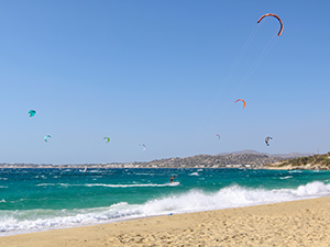Sky full of kites at Mikri Vigla, the kitesurfing beach in Naxos, Greece, photo by Ivan Kralj