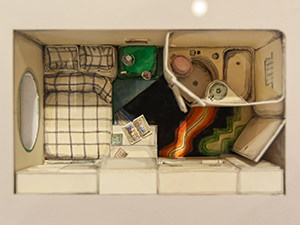 Top view of the model of the living unit in Nakagin Capsule Tower in Tokyo, by architect Kisho Kurokawa, as displayed in Vitra Design Museum, Germany, photo by Ivan Kralj