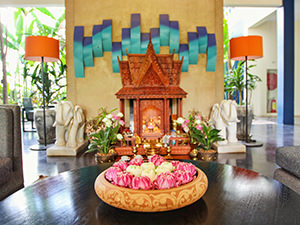 Lobby with Buddha altar and lotus flower arrangement at Sakmut Boutique Hotel, Siem Reap, Cambodia, photo by Ivan Kralj