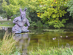 "Hare" fountain sculpture by Thomas Schutte in the pond behind the Fondation Beyeler, the most visited art museum in Switzerland, Basel, photo by Ivan Kralj