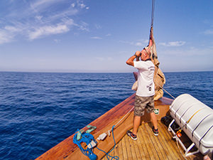 Shogun boat crew standing on the prow and using binoculars to spot the whales in Tenerife, photo by Ivan Kralj