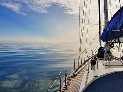 The calm sea as seen from Seaburban sailboat of Bert terHart, Canadian who circumnavigated the world using only traditional techniques