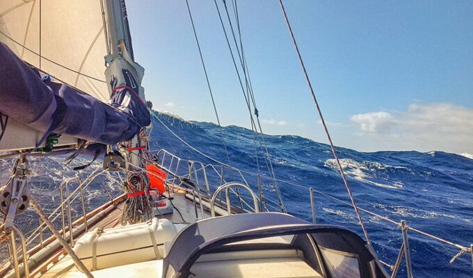 Seaburban, Bert terHart's sailboat, fighting with waves while sailing around the world via the 5 great capes