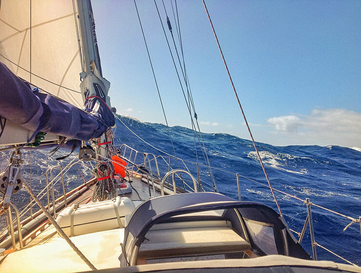 Seaburban, Bert terHart's sailboat, fighting with waves while sailing around the world via the 5 great capes