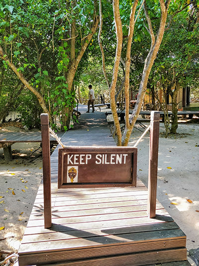"Keep silent" sign at the entrance to the Mangrove Spa in The Menjangan Resort, Bali, Indonesia, photo by Ivan Kralj