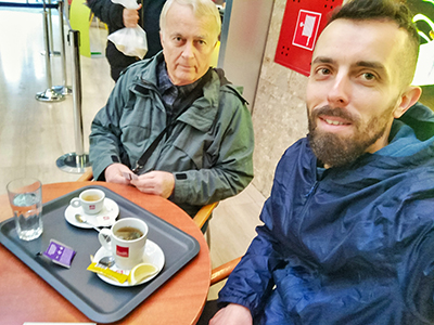 "Take care of yourself", said father to a son before his flight departure to Malaysia, Zvonimir and Ivan Kralj, sitting in the airport coffee shop in 2017, photo by Ivan Kralj