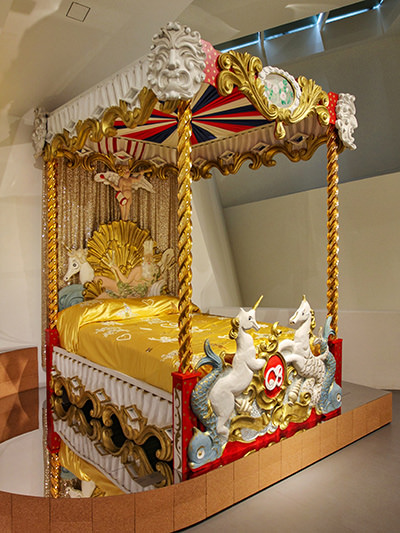 2014 reproduction of Cecil Beaton's lavishly decorated Circus Bed with unicorns from 1934, as exhibited at Vitra Design Museum's exhibition on visionary interiors of the houses in the future, photo by Ivan Kralj